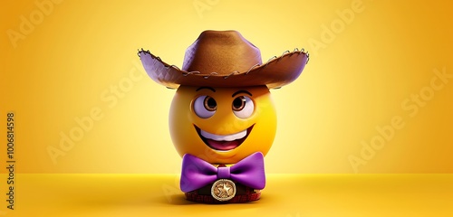 Smirking emoji with cowboy hat, purple bow tie, yellow background