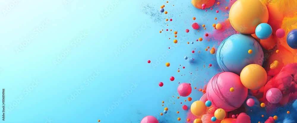 Colorful spheres and particles on light blue background. Abstract festive composition. Celebration or creative design concept Colorful spheres and particles on light blue background. Abstract festive composition. Celebration or creative design concept