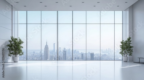The vast, airy space is defined by its enormous windows offering breathtaking views of the city skyline and skyscrapers.