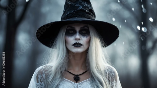 abstract eerie glowing white closeup of a Halloween witch on misty background, bokeh background