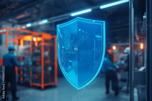 A secure industrial setting featuring a virtual blue shield overlay, representing high-tech security measures and innovation. photo