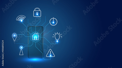 Smart home technology with phone and icon house automation system. Vector editable