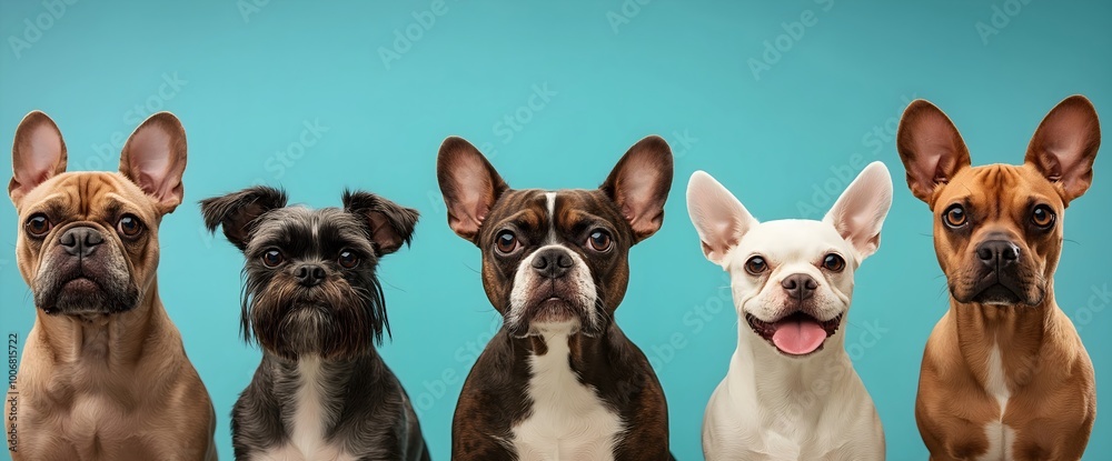 Five dog breeds portrait lineup on turquoise background. Canine diversity showcase. World Pets Day or animal adoption campaign Five dog breeds portrait lineup on turquoise background. Canine diversity showcase. World Pets Day or animal adoption campaign