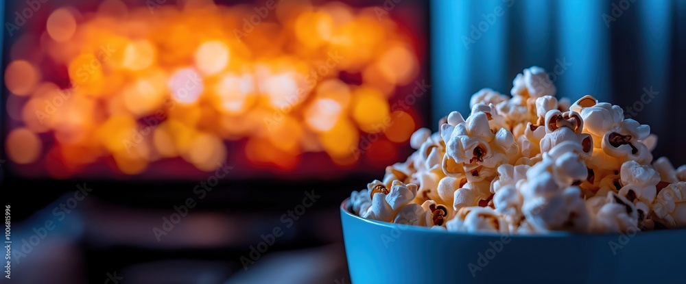Popcorn bowl with blurred movie screen for World Television Day