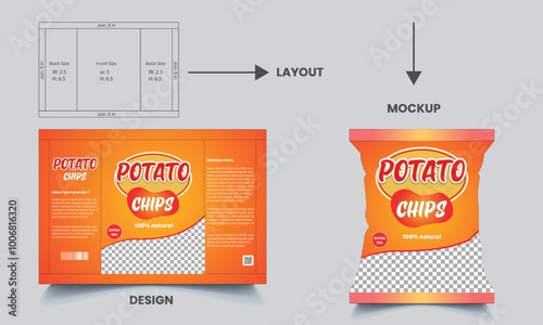 Potato chips package design, realistic vector design potato chips packaging, 100% natural chips, packaging, vector illustration with mockup
