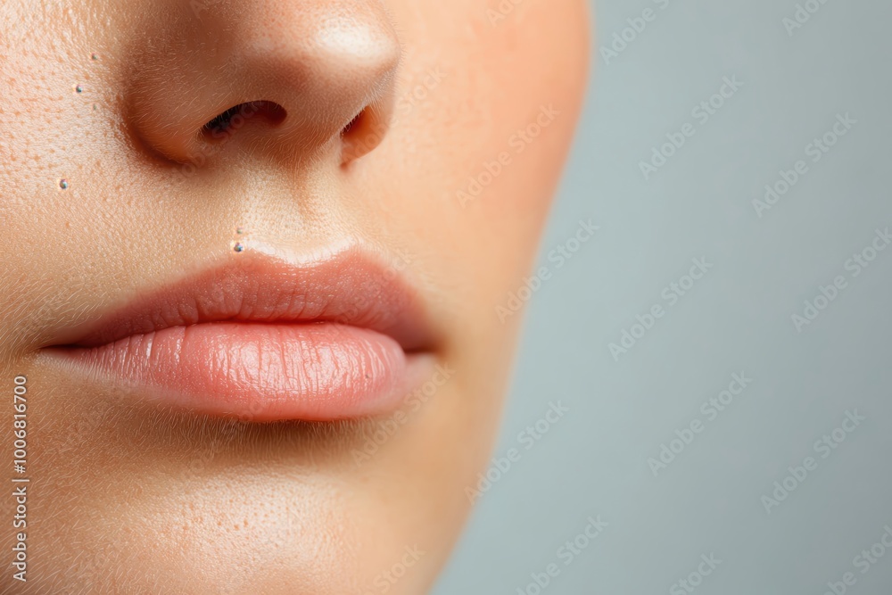 Close-up of a woman's lips and chin with smooth skin, neutral background. Close-up of a woman's lips and chin with smooth skin, neutral background.
