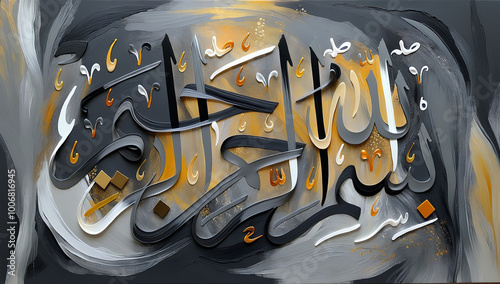 Arabic Calligraphy Art, ‘Bismillah Al Rahman Al Raheem’ (In the Name of Allah, The Most Gracious, The Most Merciful), Black and Gold Abstract Design, Islamic Wall Art, Spiritual Decor, Quranic Verse,  photo