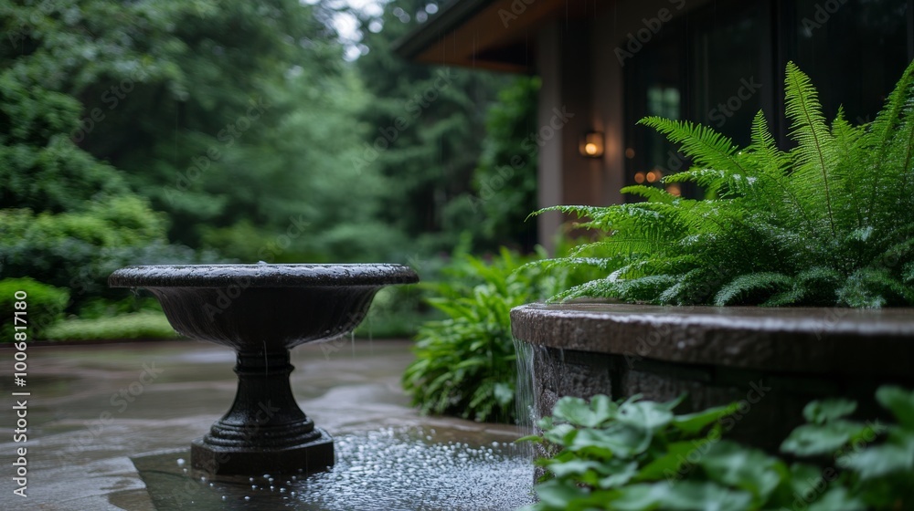 A small stone water fountain softly trickles, embraced by lush ferns and flowering shrubs, while warm solar lights illuminate the tranquil garden ambiance A small stone water fountain softly trickles, embraced by lush ferns and flowering shrubs, while warm solar lights illuminate the tranquil garden ambiance