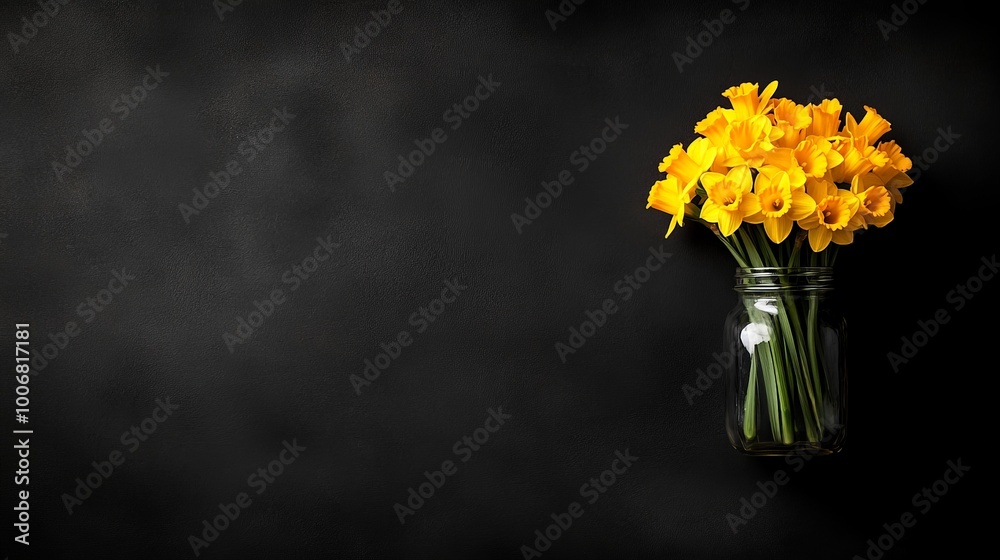 Obraz premium Daffodils in a Jar: A minimalist arrangement of yellow daffodils in a rustic glass jar against a dark backdrop, inviting a touch of spring's vibrancy.