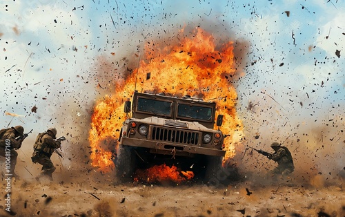 A chaotic scene of a military vehicle explosion in a war zone, with debris flying through the air and soldiers taking cover amidst the flames and smoke clouds photo