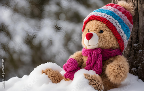 Photo cute teddy bear decoration brings joy to winter, Cute teddy bear in knitted hat and scarf sitting on snow with bokeh background, There is a teddy bear wearing a hat and scarf next to presents