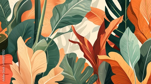 Vibrant foliage design featuring diverse tropical leaves in shades of green, orange, and red for a lively botanical atmosphere.