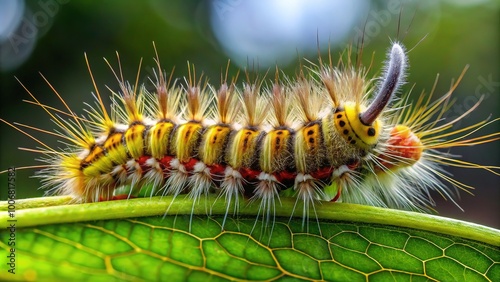 The caterpillar's fuzzy, greenish-brown body, adorned with forked hairs and yellowish stripes, creeps slowly along the leaf's edge, its horn-like protrusion trailing behind. photo