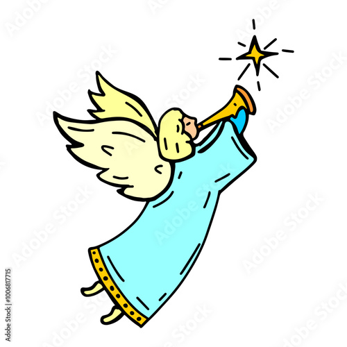 
A charming illustration of a celestial angel with golden wings, playing a trumpet and surrounded by a glowing star, dressed in a blue robe, symbolizing divine announcement and spiritual celebration