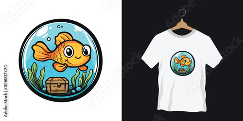 A cheerful vector T-shirt logo featuring a cartoonish fish swimming happily inside a round fishbowl