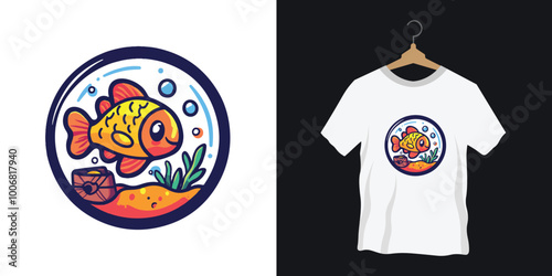A cheerful vector T-shirt logo featuring a cartoonish fish swimming happily inside a round fishbowl