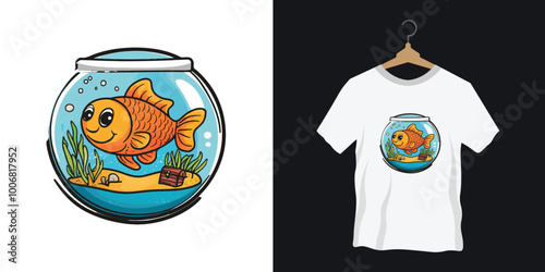 A cheerful vector T-shirt logo featuring a cartoonish fish swimming happily inside a round fishbowl