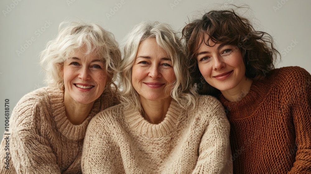 Three generations of women smiling together in soft sweaters against a light background. Three generations of women smiling together in soft sweaters against a light background.