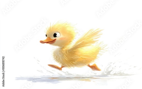 A cheerful yellow duckling happily splashes through shallow water on a bright sunny day, capturing a moment of joy and playfulness