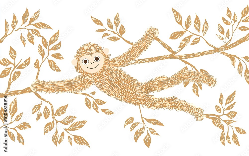 Obraz premium A playful monkey swings joyfully through leafy branches in a whimsical forest during a bright, sunny day