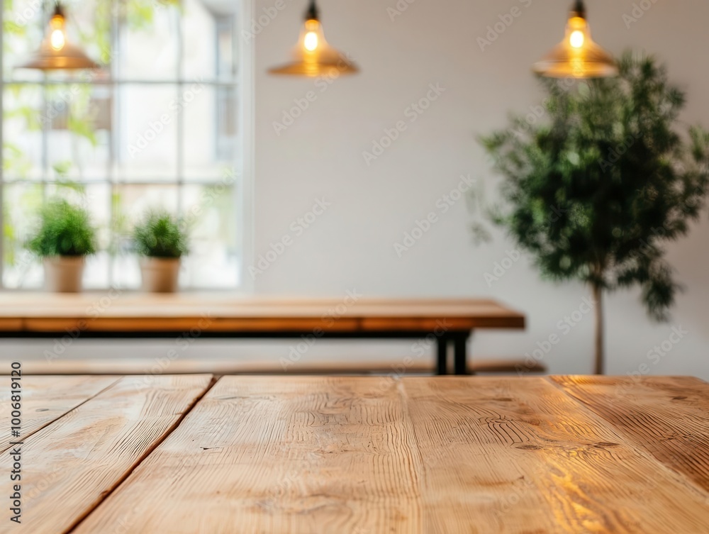 Fototapeta premium Stylish restaurant interior with large windows, wooden tables, and modern lighting