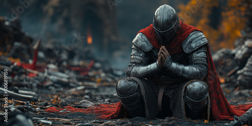 A knight in full armor, with his hands clasped together and head bowed to the ground on an old battlefield where fallen soldiers lie scattered around him.
