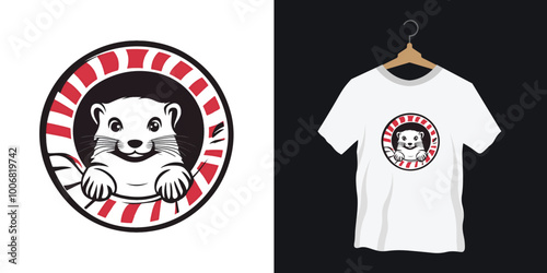 T-shirt logo of a ferret poking its head out of a tunnel or tube