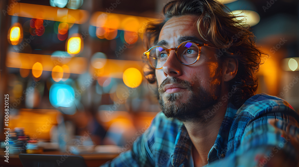 A thoughtful young man with glasses gazes into the distance in a warmly lit cafe, surrounded by vibrant bokeh lights A thoughtful young man with glasses gazes into the distance in a warmly lit cafe, surrounded by vibrant bokeh lights