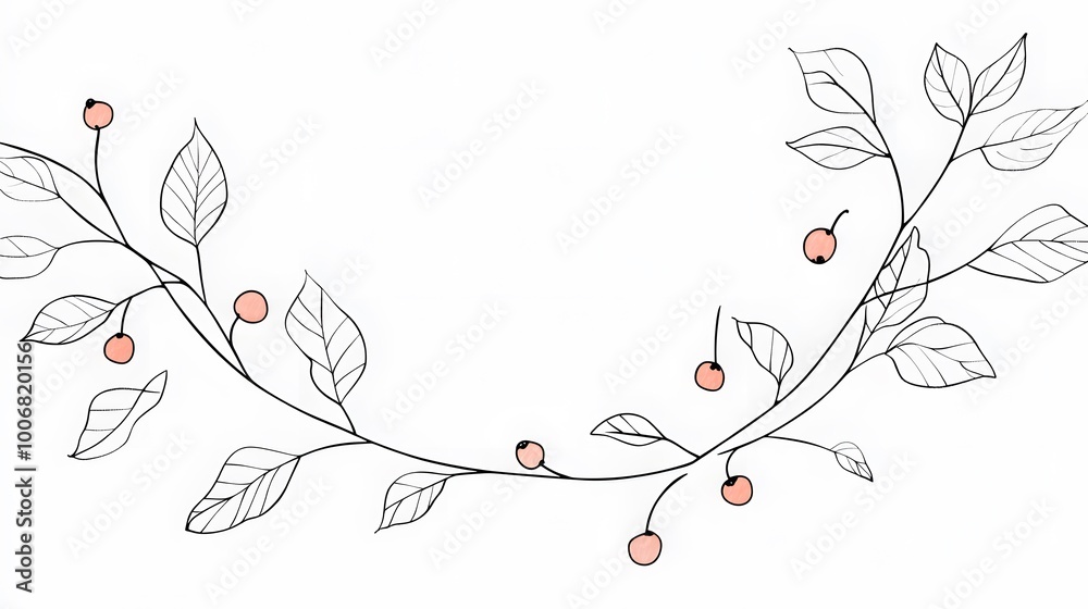 Delicate line art depicting a branch with pink berries and green leaves. Delicate line art depicting a branch with pink berries and green leaves.