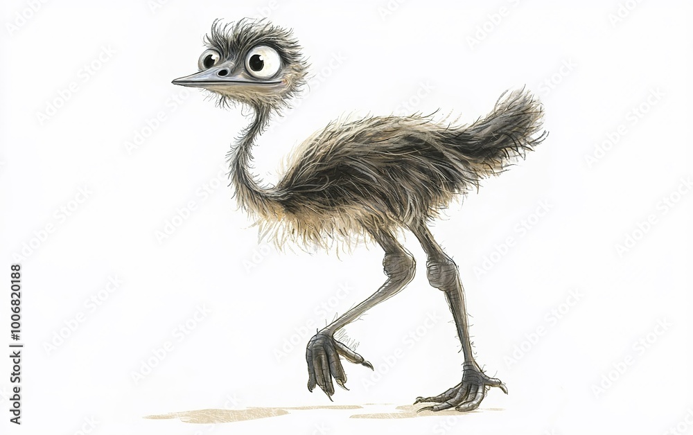 Obraz premium A whimsical young ostrich strolls playfully across a blank canvas, showcasing its vibrant feathers and animated expression