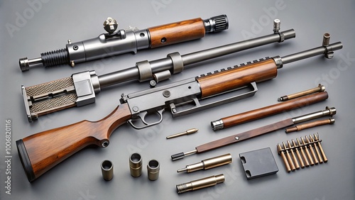 This photograph displays a high-definition arrangement of rifle parts, including breechblock, bolt carrier, firing pin, trigger group, muzzle, and stock, set against a muted gray backdrop.