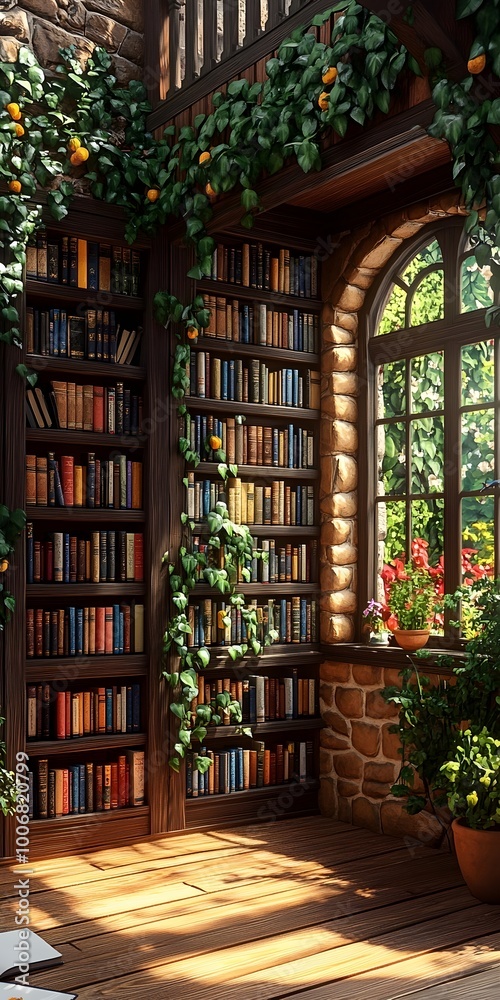 A cozy library filled with books, a window with lush greenery, and a sunlit wooden floor creates a perfect space for reading.