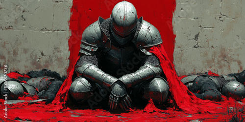 A knight in full armor, with his hands clasped together and head bowed to the ground on an old battlefield where fallen soldiers lie scattered around him.