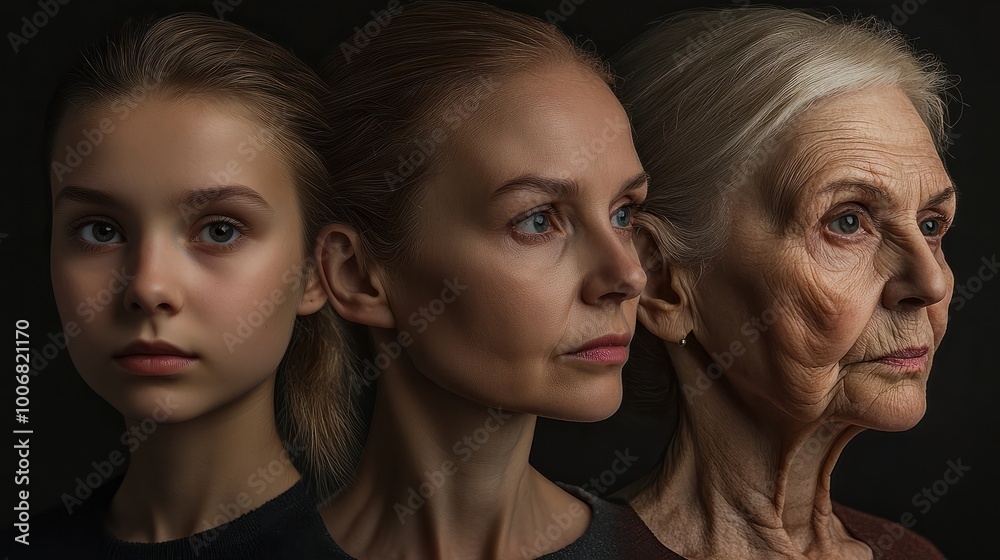 3 panel photography of the same woman character in different age, the ages between girl, middle age and old woman, a pleasant old age