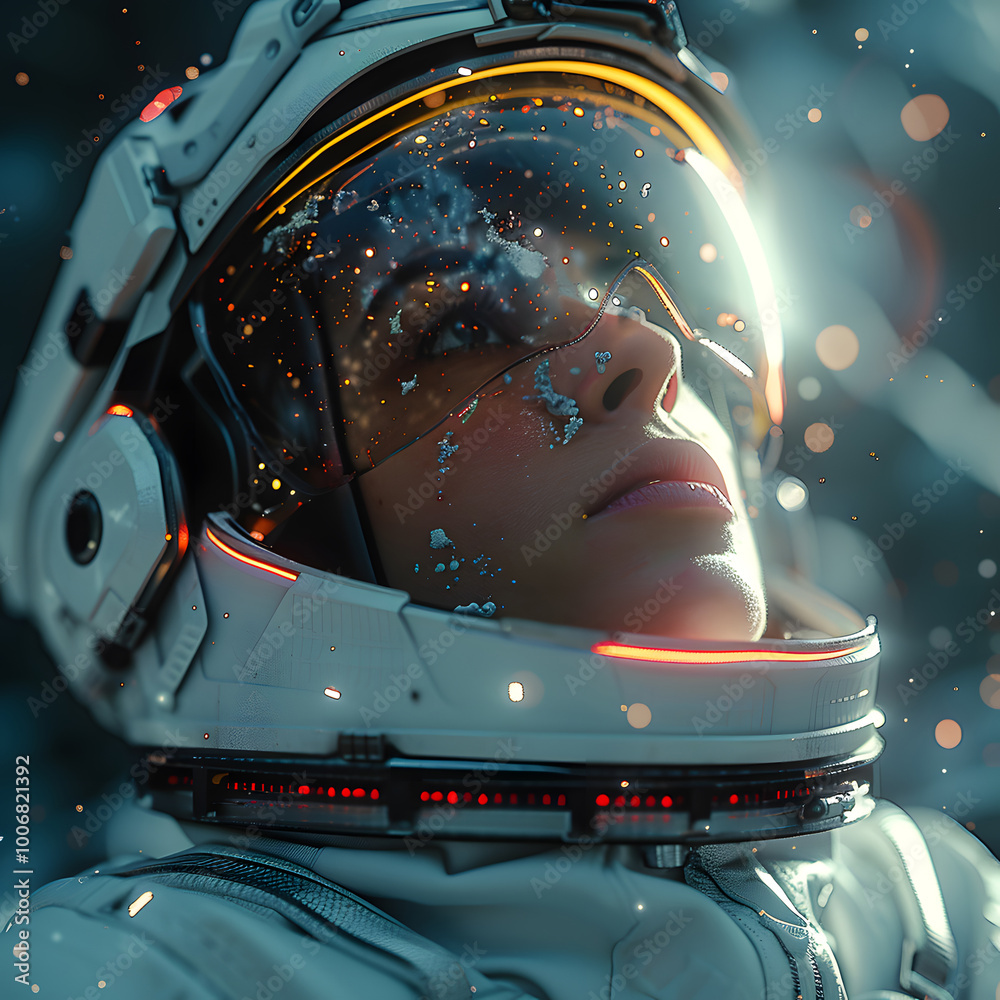 Close-up of a female astronaut in a futuristic helmet, looking into space. Helmet reflections and glowing lights evoke cosmic exploration Close-up of a female astronaut in a futuristic helmet, looking into space. Helmet reflections and glowing lights evoke cosmic exploration