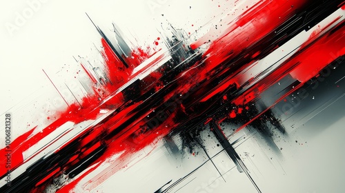 Abstract red and black paint splashes dynamically across a white background, evoking intensity and dynamic movement.