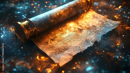 Ancient prophecy on an old scroll surrounded by magical