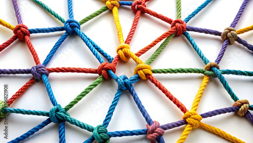 A high quality colorful rope forms an intricate web of connections on a white background, symbolizing the interconnectedness and diversity in business networks and social circles Generative AI