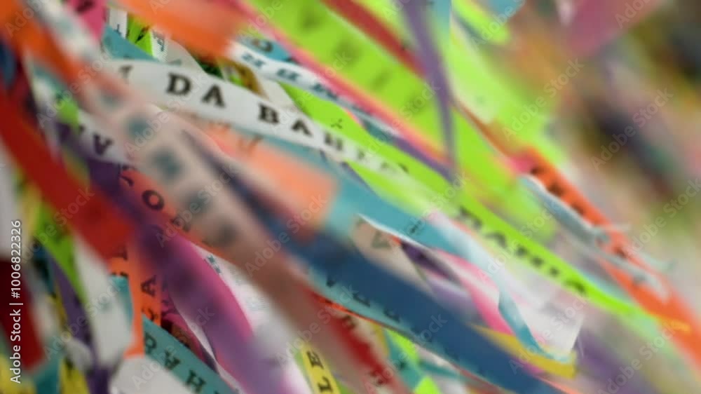 Close-up of vibrant Bonfim ribbons, a traditional symbol of faith and good fortune in Salvador, Brazil. colorful mix represents the rich cultural heritage and spiritual beliefs of the region Close-up of vibrant Bonfim ribbons, a traditional symbol of faith and good fortune in Salvador, Brazil. colorful mix represents the rich cultural heritage and spiritual beliefs of the region
