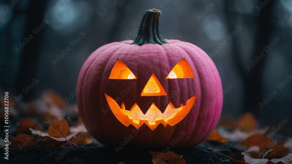 abstract eerie glowing pink closeup of a Halloween pumpkin on misty background, bokeh background abstract eerie glowing pink closeup of a Halloween pumpkin on misty background, bokeh background