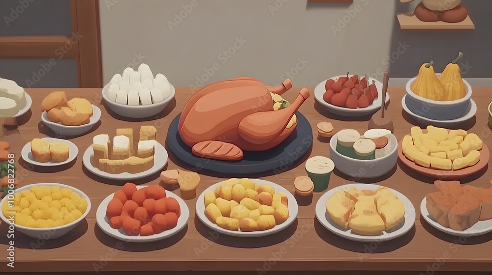 A vibrant feast spread with a golden roast chicken and an array of colorful dishes. A vibrant feast spread with a golden roast chicken and an array of colorful dishes.