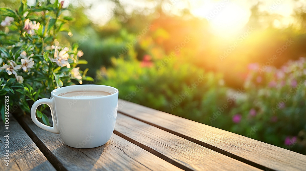 A white coffee cup on a wooden table in a garden at sunrise A white coffee cup on a wooden table in a garden at sunrise
