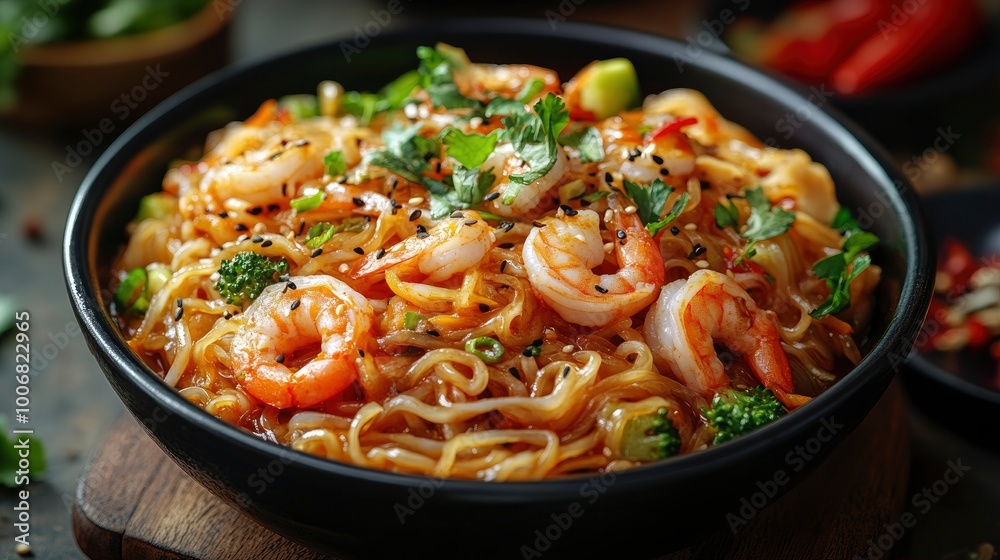 Spicy Shrimp Stir-Fry Noodles with Sesame Seeds and Fresh Herbs Spicy Shrimp Stir-Fry Noodles with Sesame Seeds and Fresh Herbs