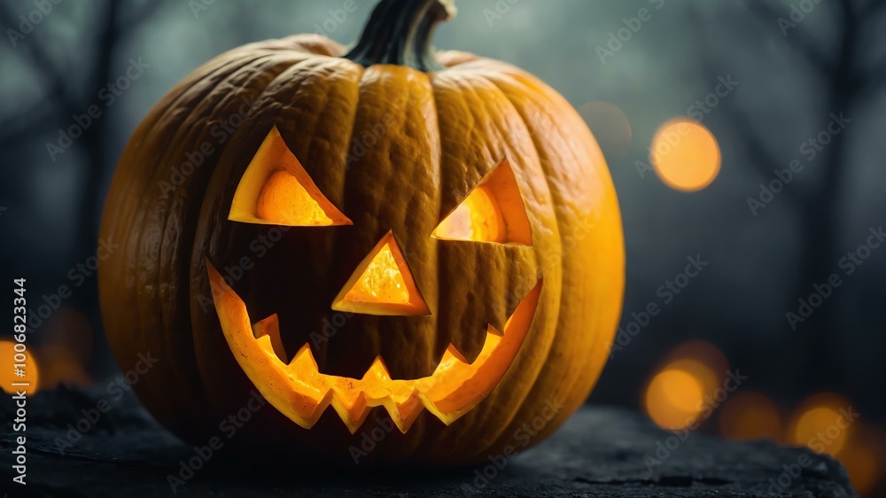 abstract eerie glowing yellow closeup of a Halloween pumpkin on misty background, bokeh background abstract eerie glowing yellow closeup of a Halloween pumpkin on misty background, bokeh background
