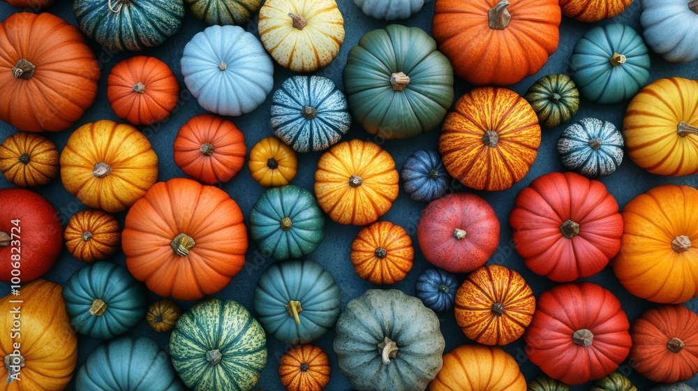 A large group of pumpkins of various colors and sizes are arranged in a pattern A large group of pumpkins of various colors and sizes are arranged in a pattern