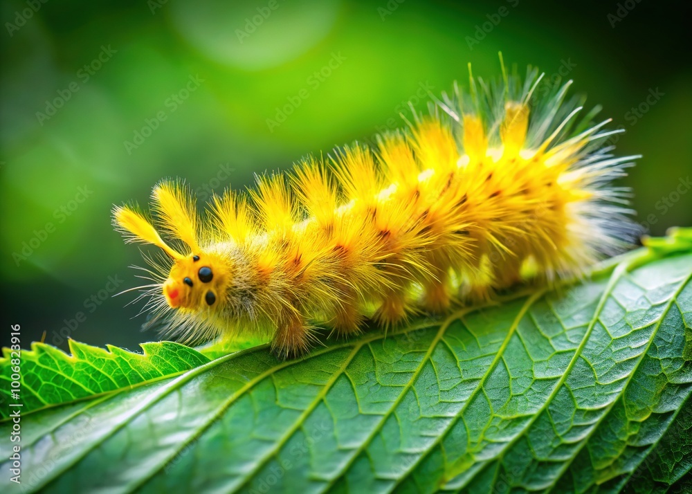 Vibrant Yellow Fuzzy Caterpillar Crawling on Green Leaf in Natural Environment Under Bright Sunlight Vibrant Yellow Fuzzy Caterpillar Crawling on Green Leaf in Natural Environment Under Bright Sunlight