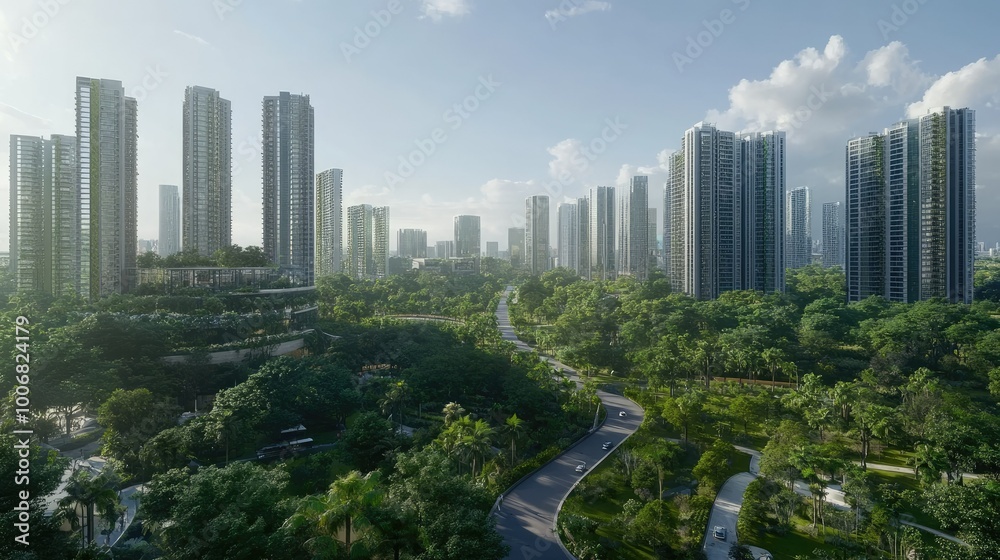 City skyline dominated by tall buildings, with a road winding through green space in the foreground. Urban life in harmony with nature. City skyline dominated by tall buildings, with a road winding through green space in the foreground. Urban life in harmony with nature.
