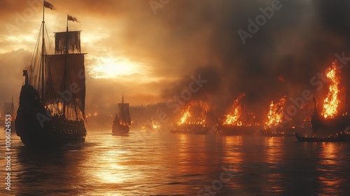 Wallpaper Mural Flaming ships on turbulent seas beneath a dramatic sunset evoke scenes of maritime battles and historic bravery. Torontodigital.ca