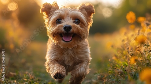 Adorable small dog joyfully running through a field of wildflowers during golden hour.