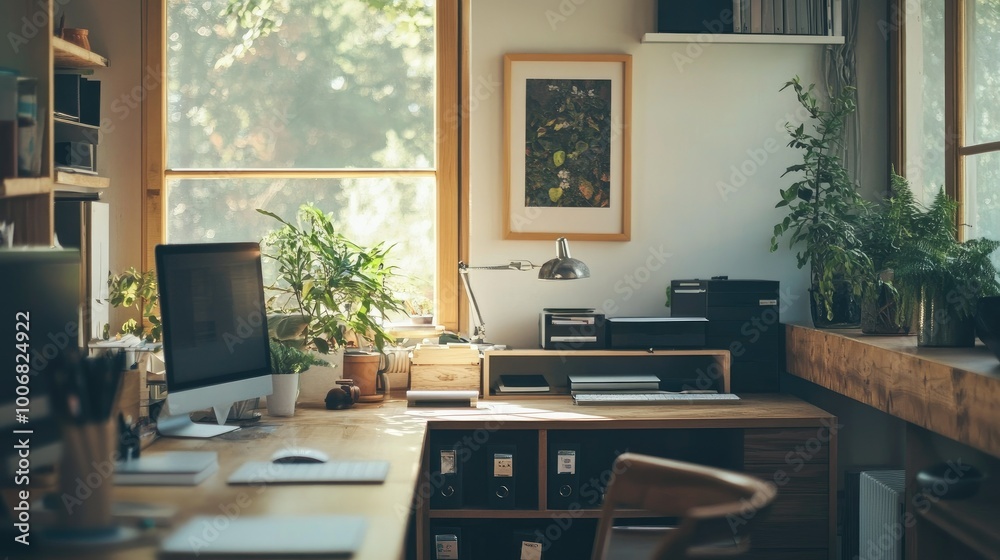 Fototapeta premium Clean, modern office design with a framed poster on a wooden wall, wide windows, and well-organized desks in an open layout. Bright, welcoming workspace.